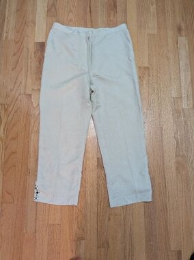 Beige Linen Capri Cropped Pants with Embellished Hem